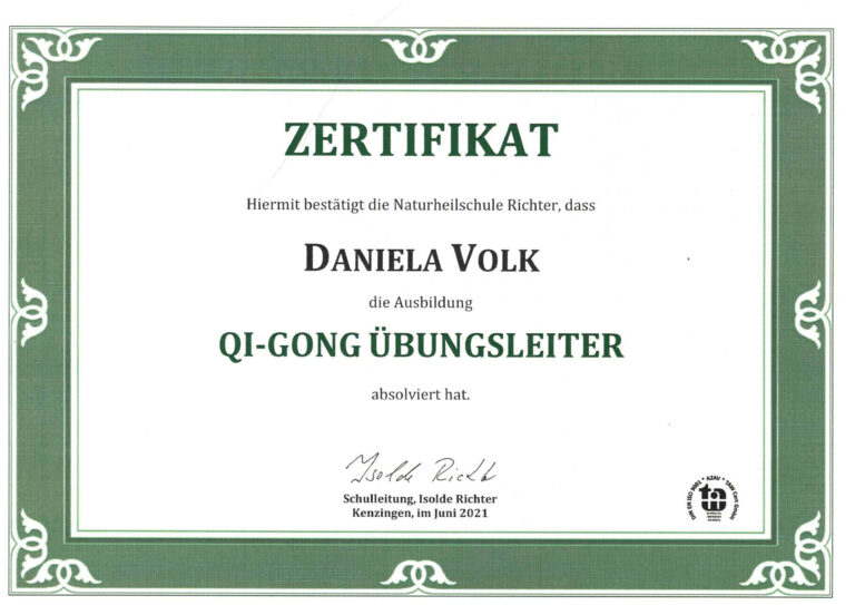 daniela volk, zertifikat, isolde richter, qi gong übungsleiter, natürliche heilung, natural healings